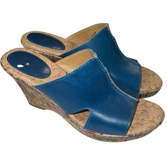 b.o.c. Teal Blue Leather Wedge Slide Sandals Floral Cork Heel Size 9 - Picture 2 of 12
